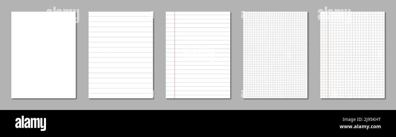 Set aus realistisch linierten Notizbüchern. Vektordarstellung von leeren Blättern aus quadratischem und liniertem Papier aus Block isoliert auf grauem Hintergrund Stock Vektor