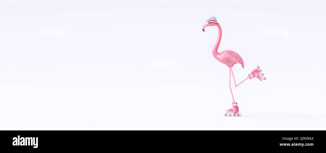 Pink Flamingo reitet Rollschuhe isoliert auf weißem Hintergrund. Sommerreisekonzept 3D Render 3D Illustration Stockfoto