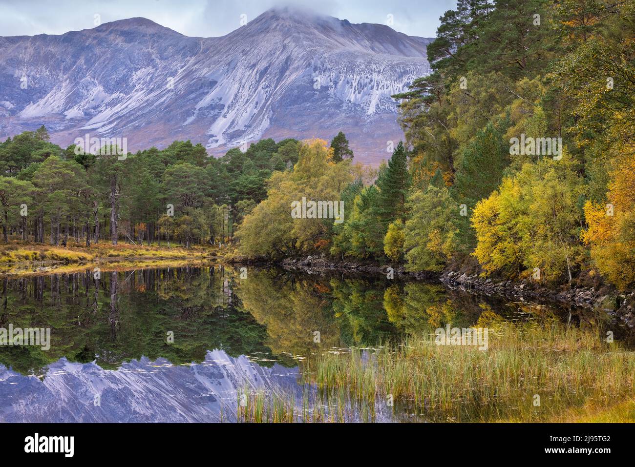 Herbstfarben und Beinn Eighe spiegeln sich in Loch Coulin, Wester Ross, Schottland, Großbritannien Stockfoto