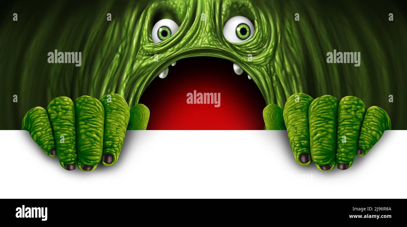 Grünes Monster Zeichen als Alien Kreatur mit offenem Mund als lustige gruselige Oger oder gruseligen Dämon mit Copy Space oder leeren Textbereich als festliche Holid Stockfoto