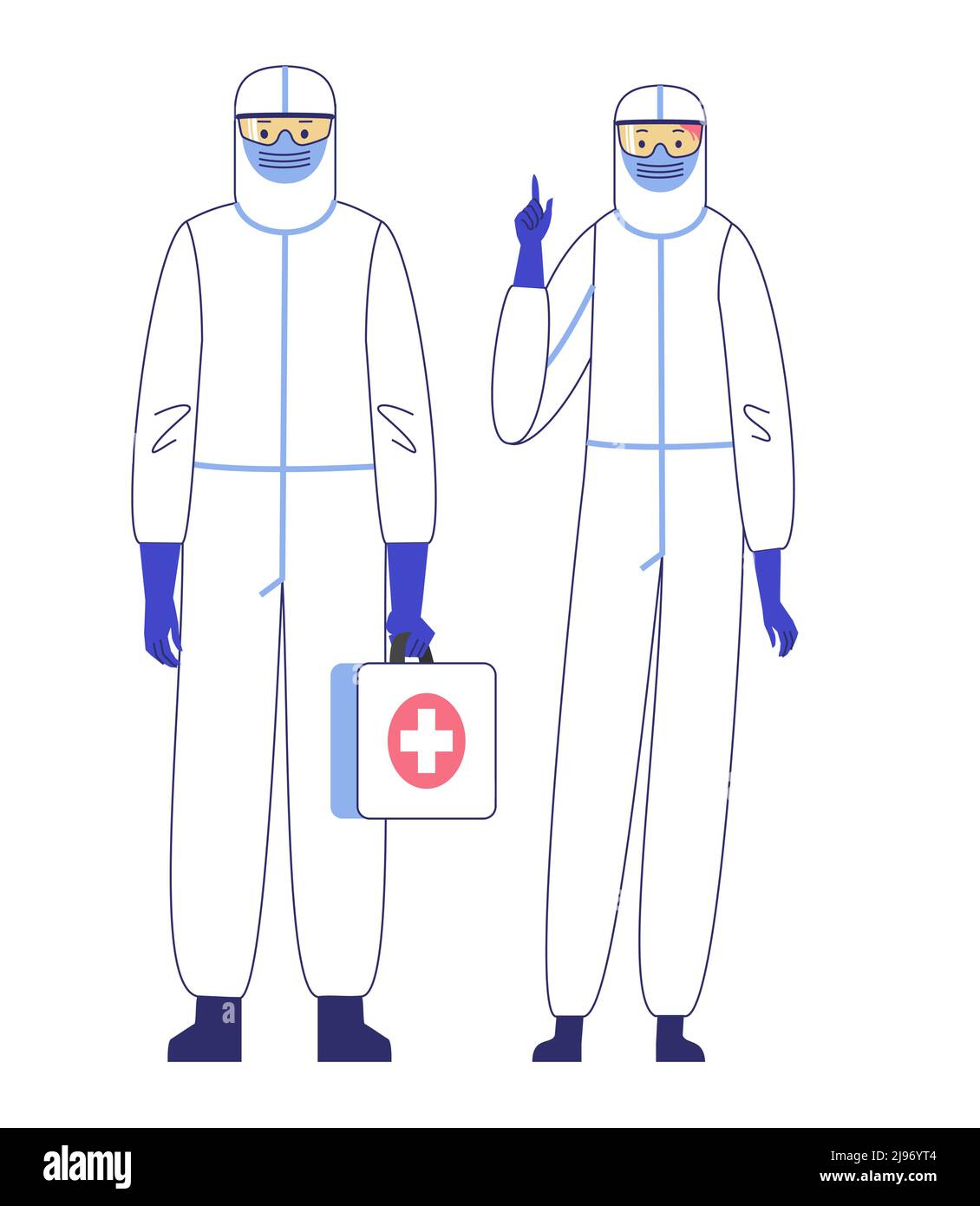 Medizinische Fachkräfte stehen in Schutzanzügen für Virusgefahren zusammen. Stock Vektor