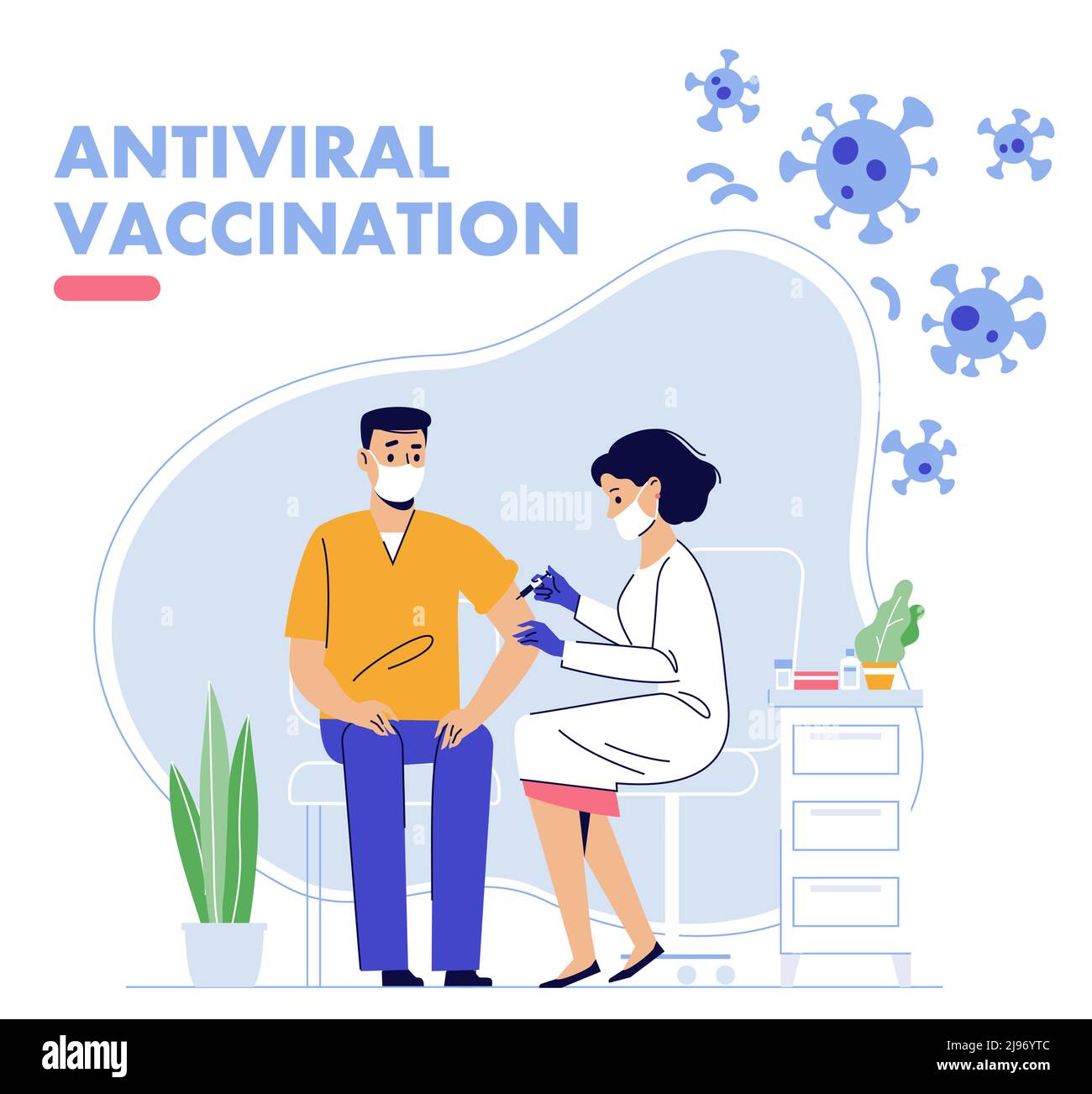 Ärztin macht eine Injektion von Grippeimpfstoff an einen jungen Mann im Krankenhaus. Gesundheitswesen, Coronavirus, Prävention und Immunisierung. Stock Vektor