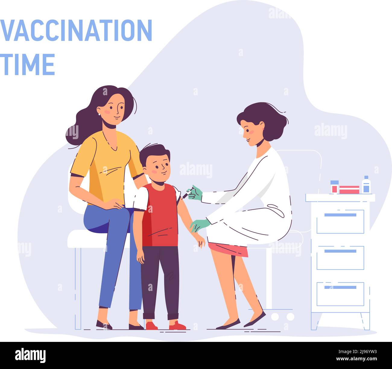 Arzt Kinderarzt macht eine Injektion von Grippe-Impfstoff an ein Kind im Krankenhaus. Gesundheitswesen, medizinische Behandlung, Prävention und Immunisierung. Stock Vektor