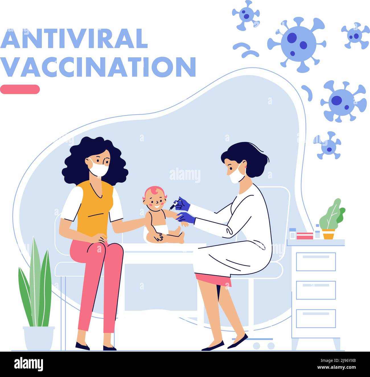 Arzt Kinderarzt macht eine Injektion von Grippe-Impfstoff, um Baby im Krankenhaus. Gesundheitswesen, Coronavirus, Prävention und Immunisierung. Stock Vektor