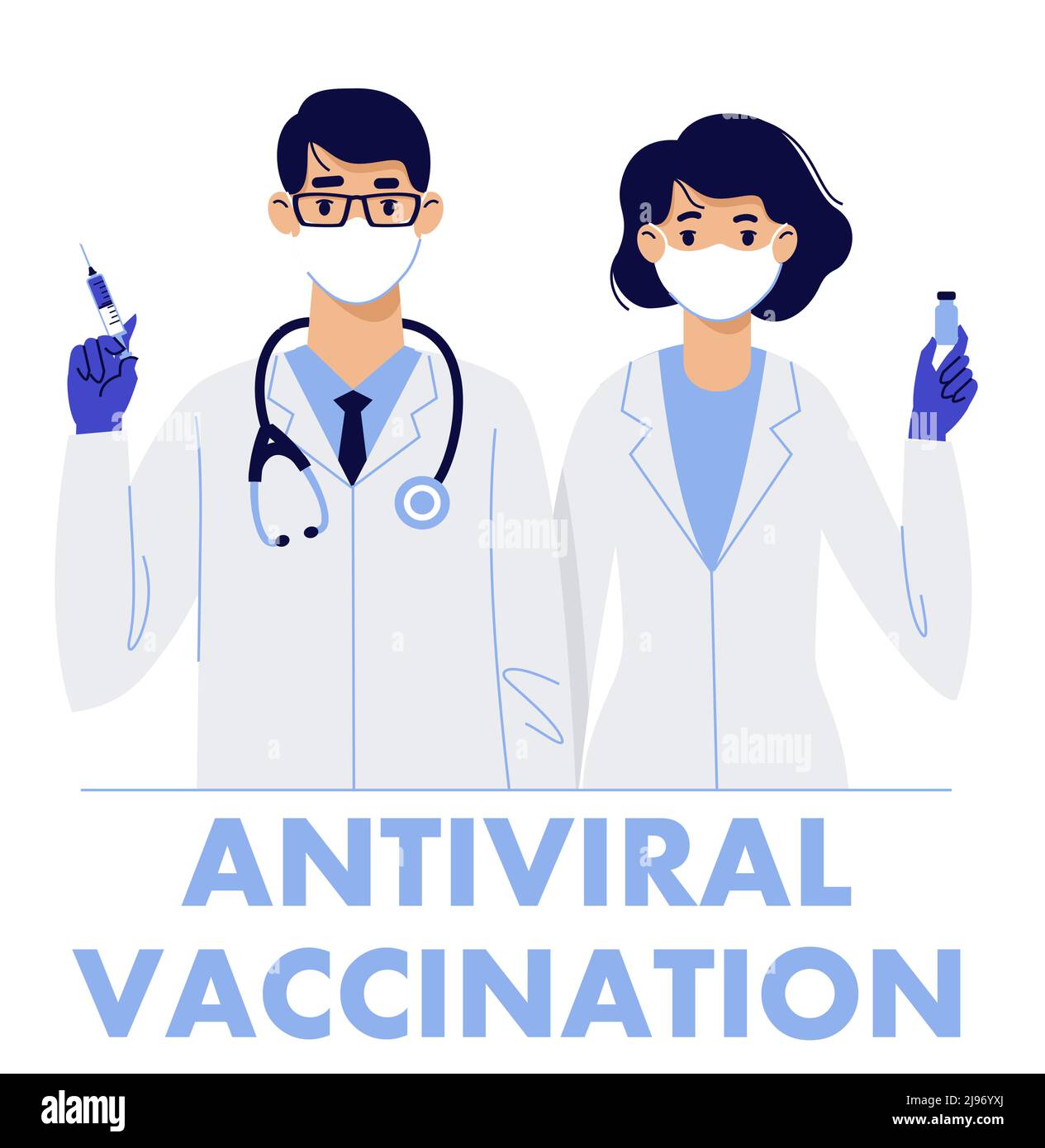 Junge Ärzte Mann und Frau mit Spritze und Impfstoff isoliert auf weißem Hintergrund. Gesundheitswesen, Coronavirus, Prävention und Immunisierung. Stock Vektor