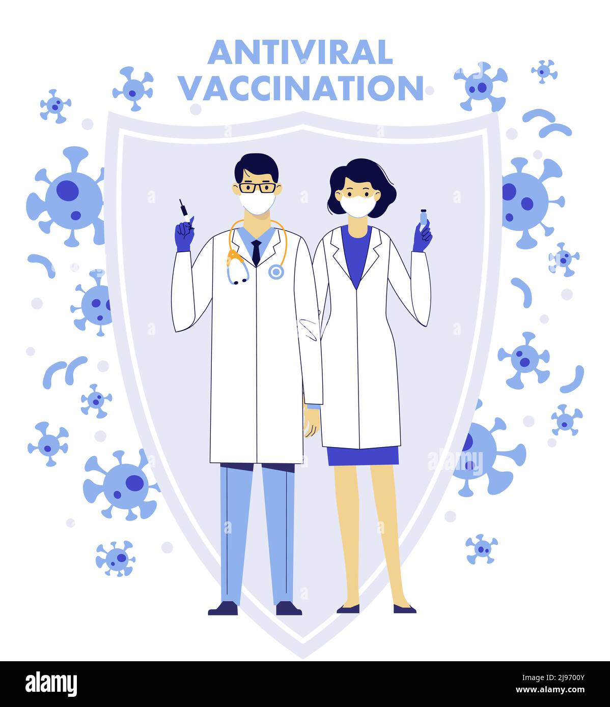 Medizinteam, junge Ärzte Mann und Frau mit Spritze und Impfstoff auf Schildhintergrund. Stock Vektor