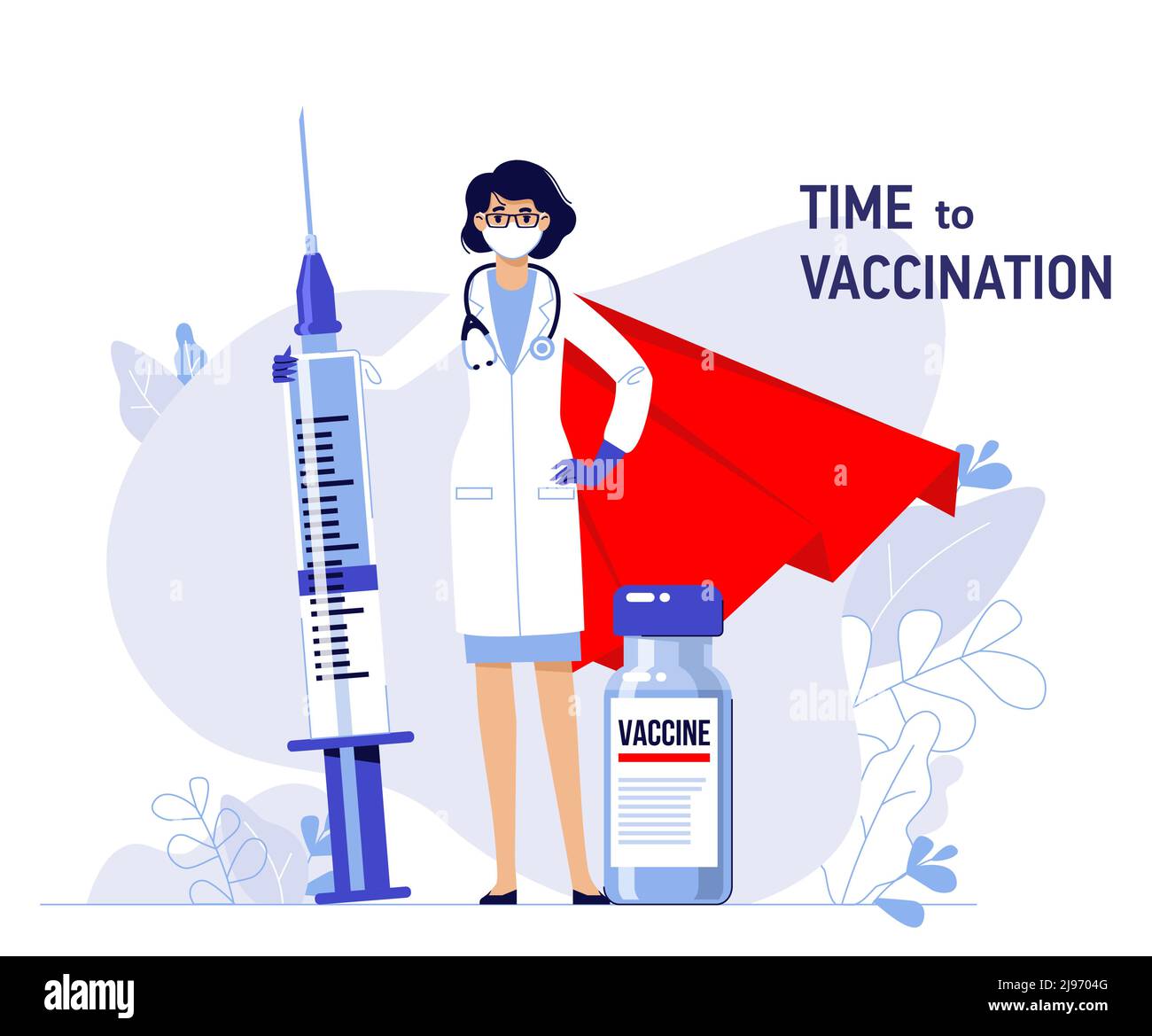 Junge Ärztin Heldin in Schutzmaske mit Spritze und Impfstoff isoliert auf weißem Hintergrund. Gesundheitswesen, Coronavirus, Prävention und Immunisierung. Stock Vektor
