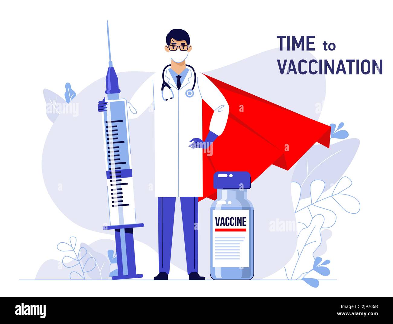 Junger Arzt Held Mann in Schutzmaske mit Spritze und Impfstoff isoliert auf blauem Hintergrund. Gesundheitswesen, Coronavirus, Prävention und Immunisierung. Stock Vektor