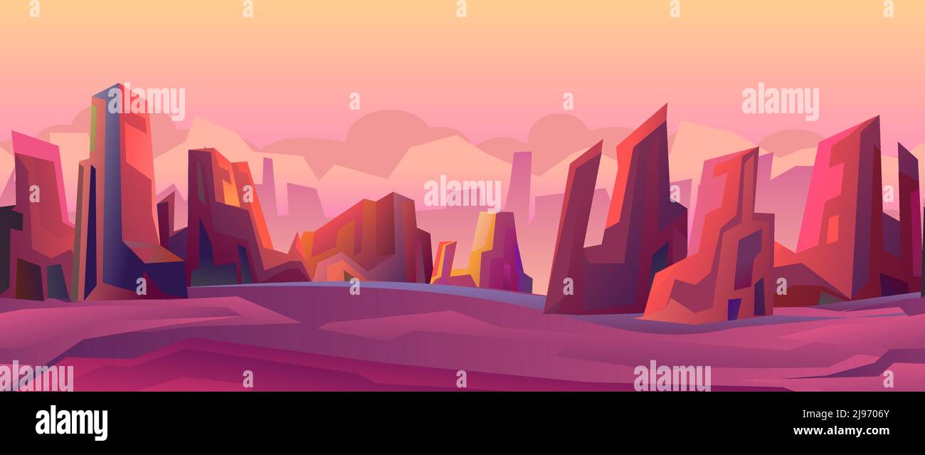 Felsige Landschaft. Atmosphäre auf einem anderen Planeten. Nahtlose Illustration. Wunderschöne Steinlandschaft. Flaches Cartoon-Design. Vektor Stock Vektor