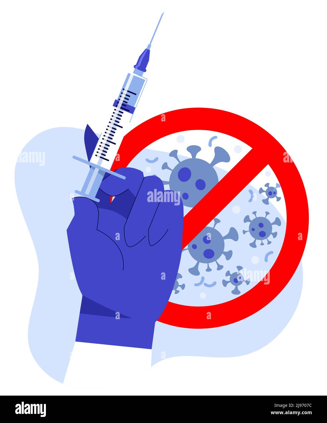Behandelnde Hand mit Spritze auf Anti-Coronavirus-Hintergrund. Gesundheitsversorgung, Lungenentzündung Prävention und Immunisieren. Stock Vektor