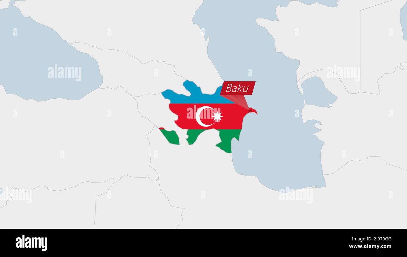 Aserbaidschan Karte hervorgehoben in aserbaidschanischen Flaggen Farben und Pin der Landeshauptstadt Baku, Karte mit benachbarten europäischen Ländern. Stock Vektor
