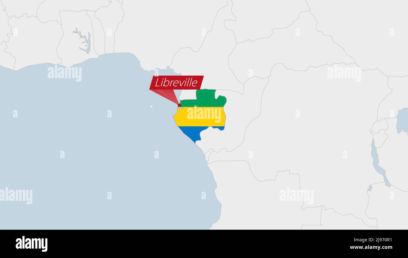 Gabun-Karte hervorgehoben in Gabun-Flaggen-Farben und Pin der Landeshauptstadt Libreville, Karte mit benachbarten afrikanischen Ländern. Stock Vektor