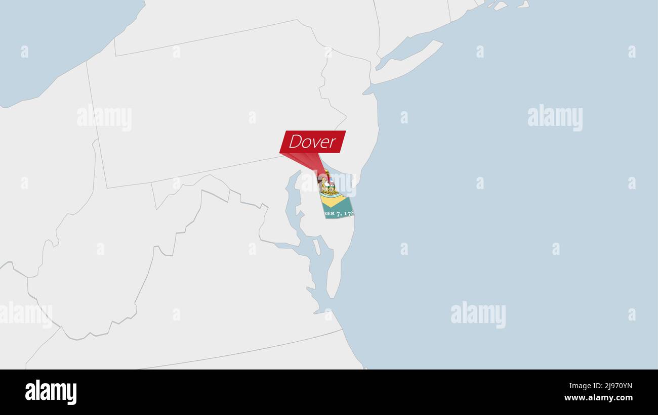 KARTE DES US-Bundesstaates Delaware in den Farben der Delaware-Flagge und in der Anstecknadel der Landeshauptstadt Dover hervorgehoben, Karte mit den Nachbarstaaten. Stock Vektor