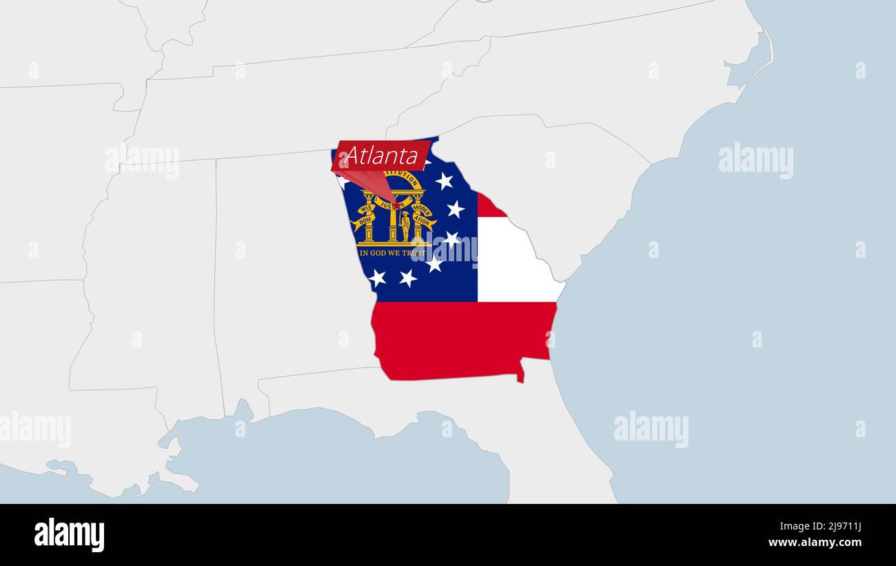 US-Bundesstaat Georgia Karte hervorgehoben in Georgia Flaggen Farben und Pin der Landeshauptstadt Atlanta, Karte mit benachbarten Staaten. Stock Vektor