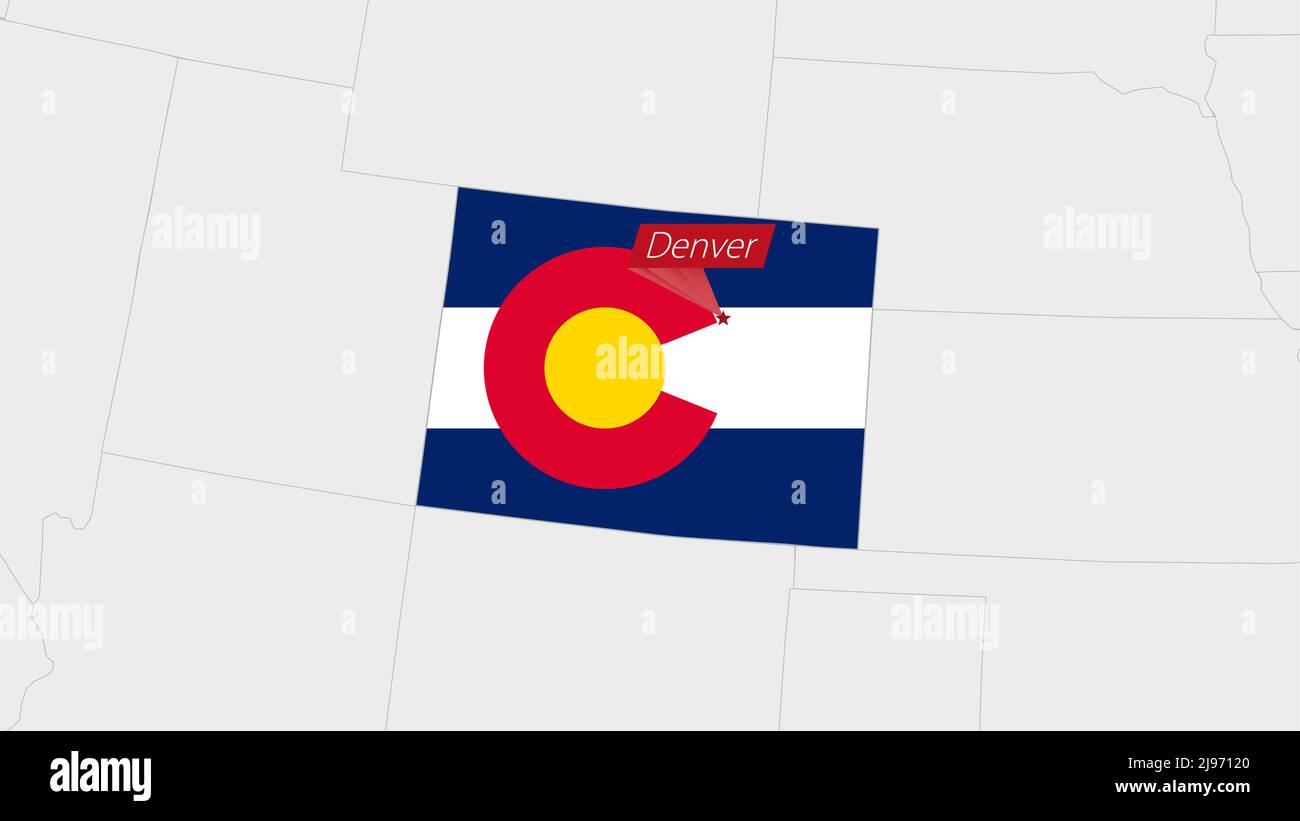 US-Bundesstaat Colorado Karte in den Farben der Colorado-Flagge und der Anstecknadel der Landeshauptstadt Denver hervorgehoben, Karte mit den Nachbarstaaten. Stock Vektor