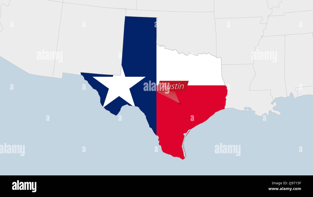 KARTE DES US-Bundesstaates Texas in den Farben der texanischen Flagge und der Anstecknadel der Landeshauptstadt Austin hervorgehoben, Karte mit den Nachbarstaaten. Stock Vektor