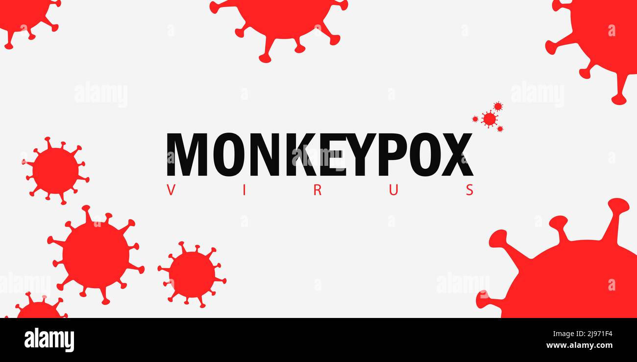 Banner mit der Aufschrift monkeypox Virus und einer kleinen Ikone des roten Virus. Große Symbole, die Definition einer Virusinfektion in einer roten Farbe um Stock Vektor
