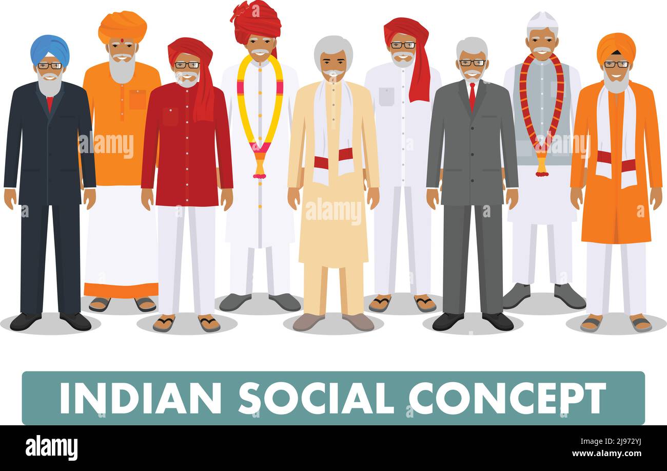 Indische ältere Männer, die in verschiedenen traditionellen nationalen Kleidern und Sprechblasen auf weißem Hintergrund in flachem Stil in Reihe stehen. Flaches Design Stock Vektor