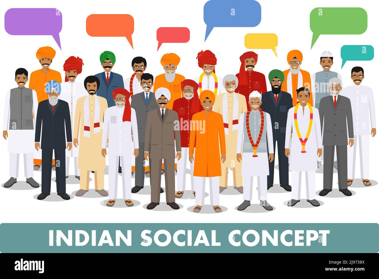 Indischer Mann und Sprechblasen stehen in verschiedenen traditionellen Kleidern auf weißem Hintergrund in flachem Stil zusammen. Verschiedene Kleiderstile. Flach Stock Vektor