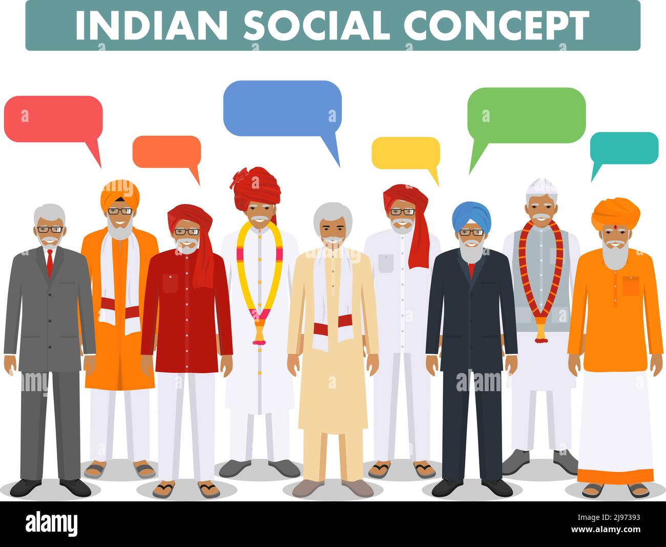 Indische ältere Männer, die in verschiedenen traditionellen nationalen Kleidern und Sprechblasen auf weißem Hintergrund in flachem Stil in Reihe stehen. Flaches Design Stock Vektor