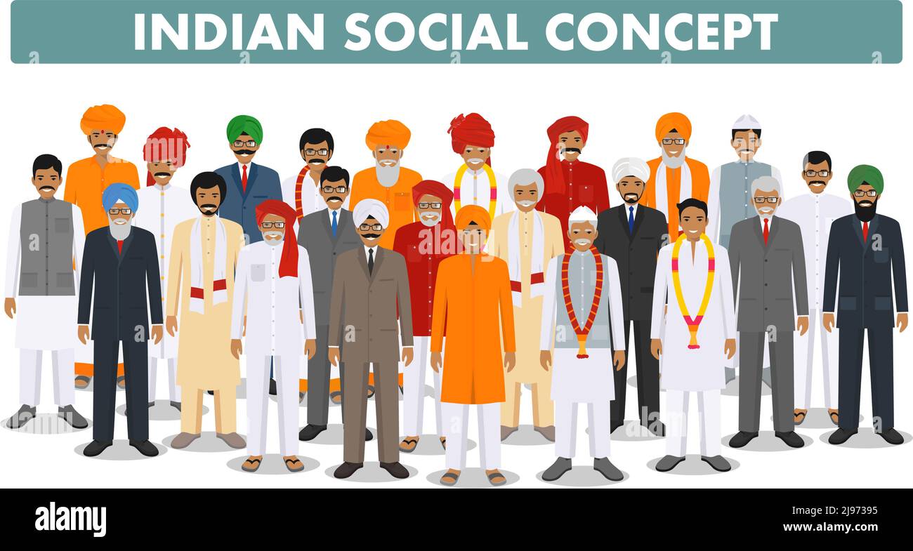 Indischer Mann, der in verschiedenen traditionellen Kleidern auf weißem Hintergrund in flachem Stil zusammensteht. Verschiedene Kleiderstile. Flaches Design für Menschen Stock Vektor