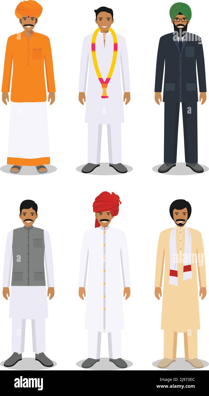 Detaillierte Darstellung verschiedener stehender indischer Männer in der traditionellen nationalen indischen Kleidung isoliert auf weißem Hintergrund in flachem Stil. Stock Vektor