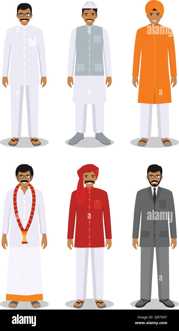 Detaillierte Darstellung verschiedener stehender indischer Männer in der traditionellen nationalen indischen Kleidung isoliert auf weißem Hintergrund in flachem Stil. Stock Vektor