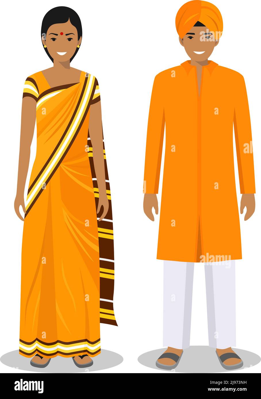 Detaillierte Darstellung von stehenden indianern in der traditionellen nationalen indischen Kleidung isoliert auf weißem Hintergrund in flachem Stil. Stock Vektor