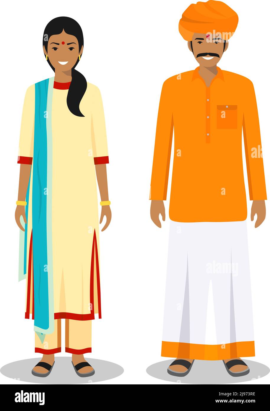 Detaillierte Darstellung von stehenden indianern in der traditionellen nationalen indischen Kleidung isoliert auf weißem Hintergrund in flachem Stil. Stock Vektor