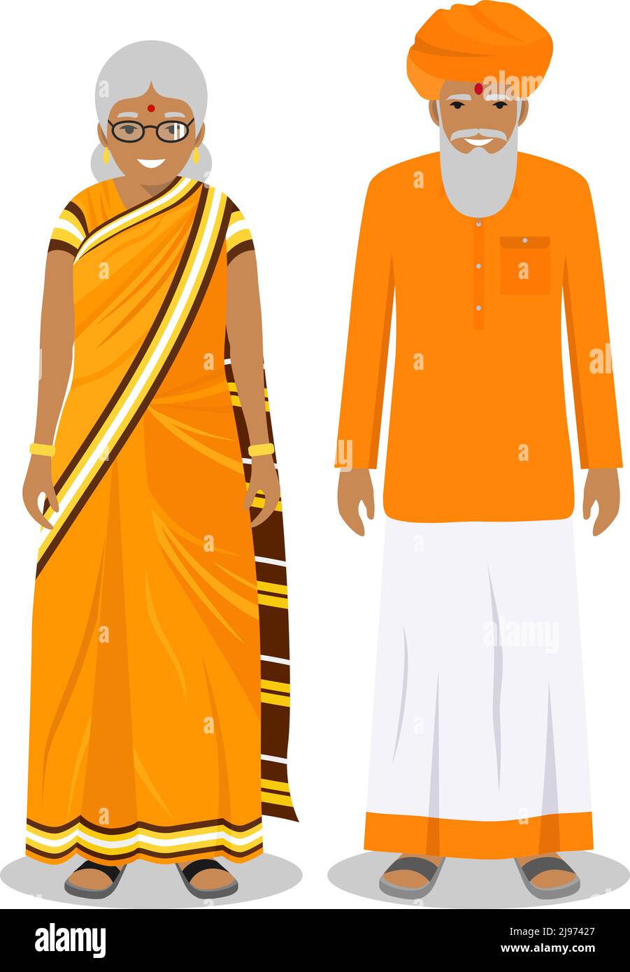 Detaillierte Darstellung von stehenden alten indianern in der traditionellen nationalen indischen Kleidung isoliert auf weißem Hintergrund in flachem Stil. Senior ind Stock Vektor