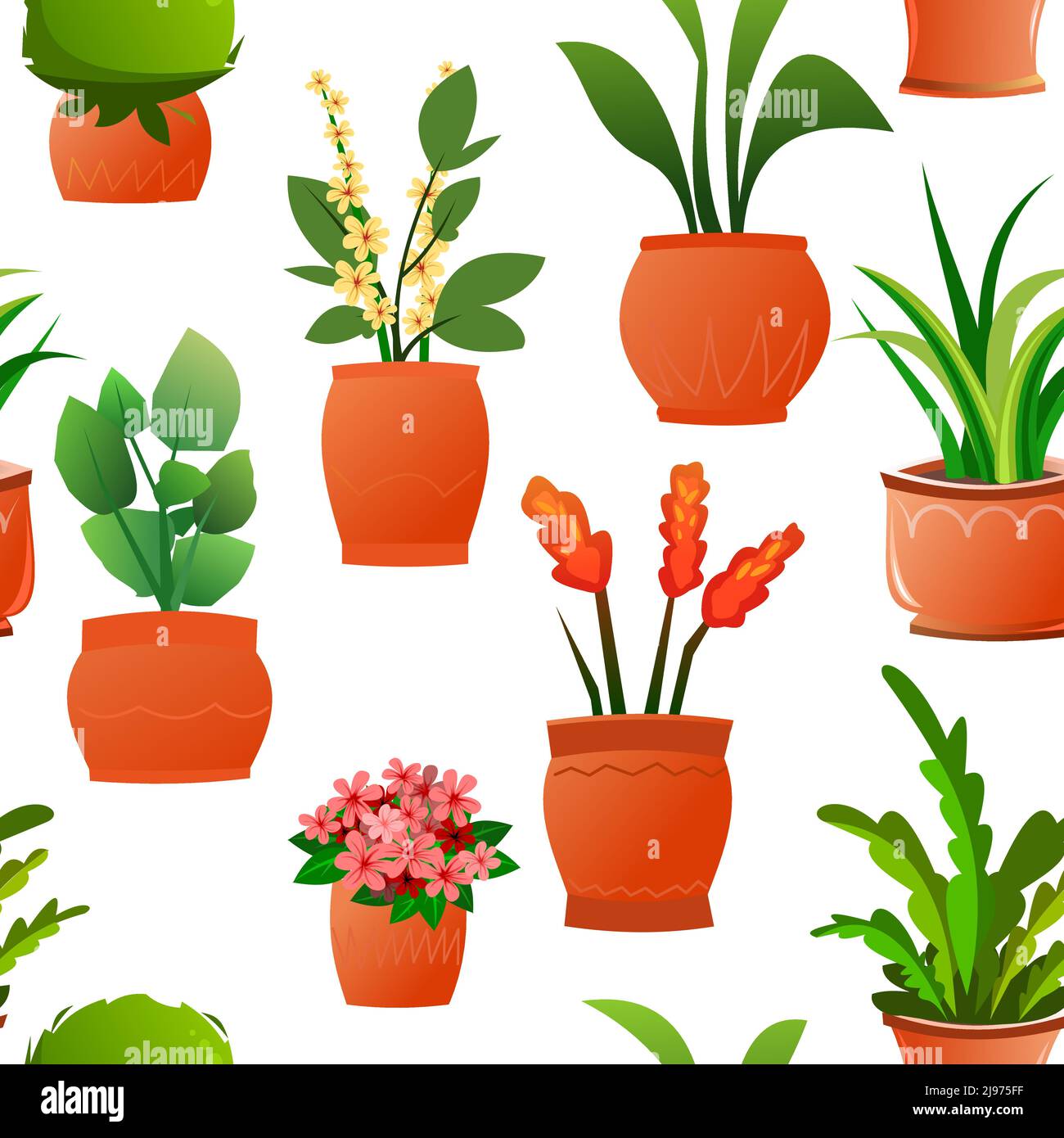 Zimmerpflanzen und Blumen. In Keramiktöpfen. Nahtloses Muster. Nahtloses Muster. Hausgemachte schöne Kräuter. Isoliert auf weißem Hintergrund. Cartoon-Spaß st Stock Vektor