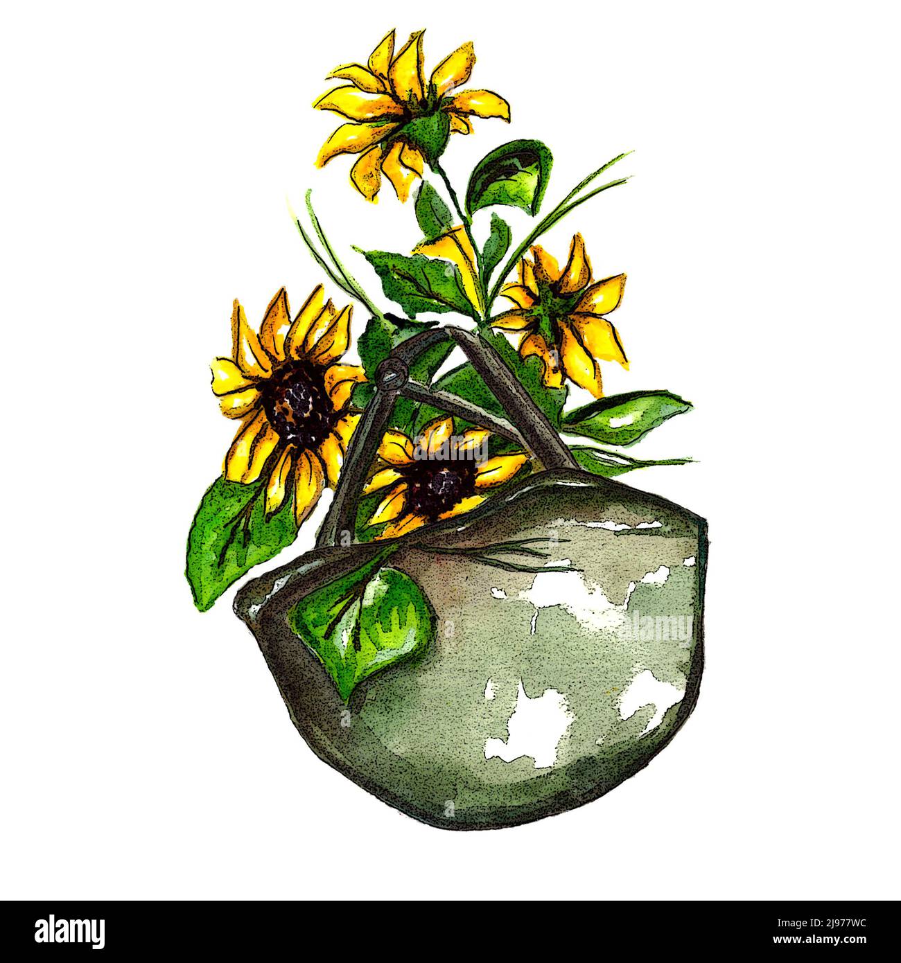 Aquarell Illustration fallen Sonnenblumen in militärischen Helm.Militäruniform mit Sonnenblume.Blühende Sonnenblumen.Ruhm der Ukraine.Unterstützen Ukraine.kein Krieg Stockfoto