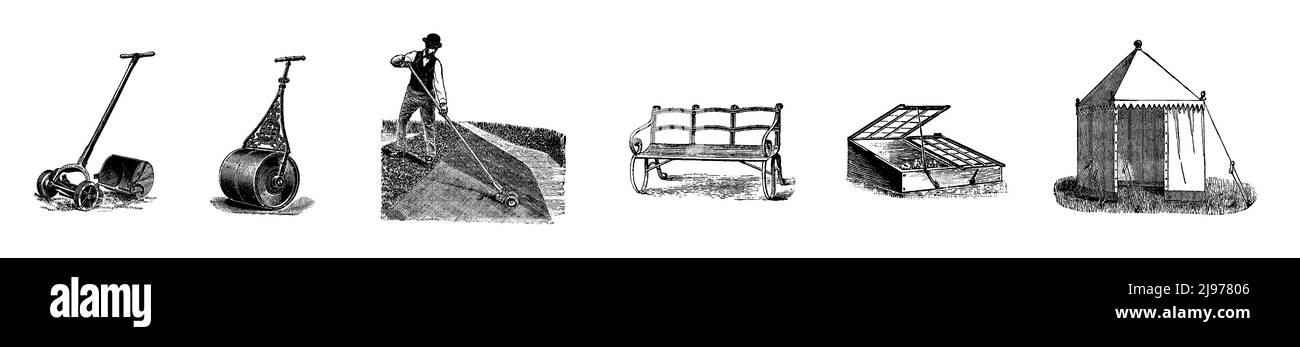 Gartenarbeit bezogene Illustrationen aus viktorianischer Zeit, Ausschnitt auf weißem Hintergrund, gebrauchsfertig als kleine Ikonen oder Motive – als Einzelstücke oder gruppiert. Gartengeräte wie Mäher und eine Walze sind zu sehen. Ein Mann verwendet einen speziellen Mäher, der für das Schneiden von Gras an einem Hang entwickelt wurde. Eine Bank, ein Kühlrahmen und ein Gartenzelt sind ebenfalls im Preis enthalten. Diese Linienbilder erschienen in verschiedenen Anzeigen in viktorianischen Publikationen – eine Vintage-Grafik von 1800s/1900s. Stockfoto