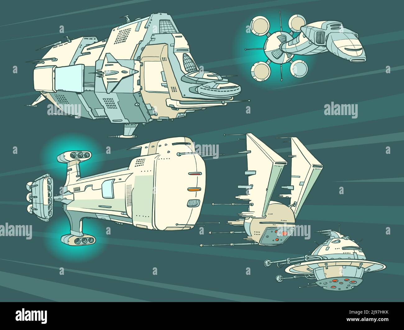 Raumschiffe Science Fiction Zukunft, Transport und militärische Raumschiffe Stock Vektor