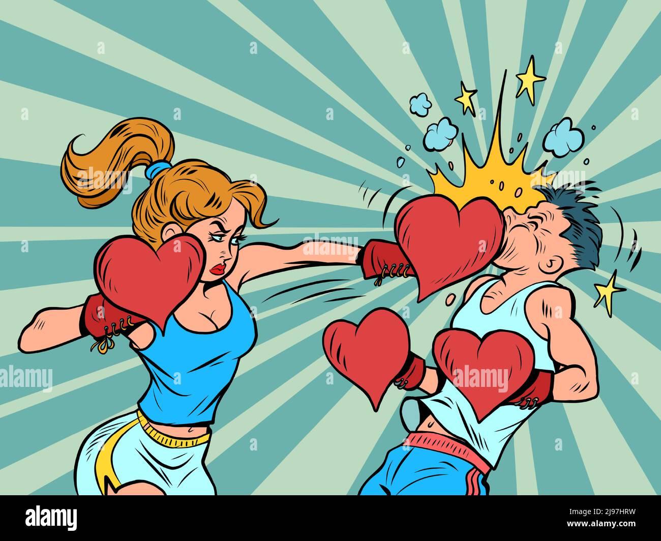 Eine Frau schlägt einen Mann. Boxerin valentinstag Herz Handschuhe, starke Emotionen Gefühle Stock Vektor