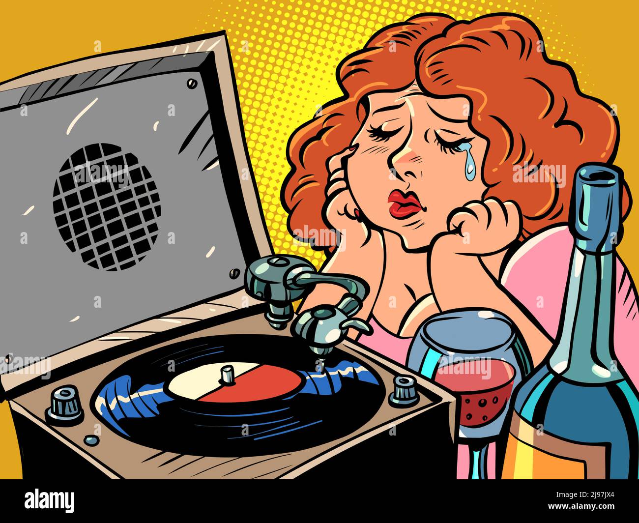 Traurige rothaarige Frau hört Musik auf dem Grammophon und trinkt Wein. Einsamer Abend. Platte Stock Vektor