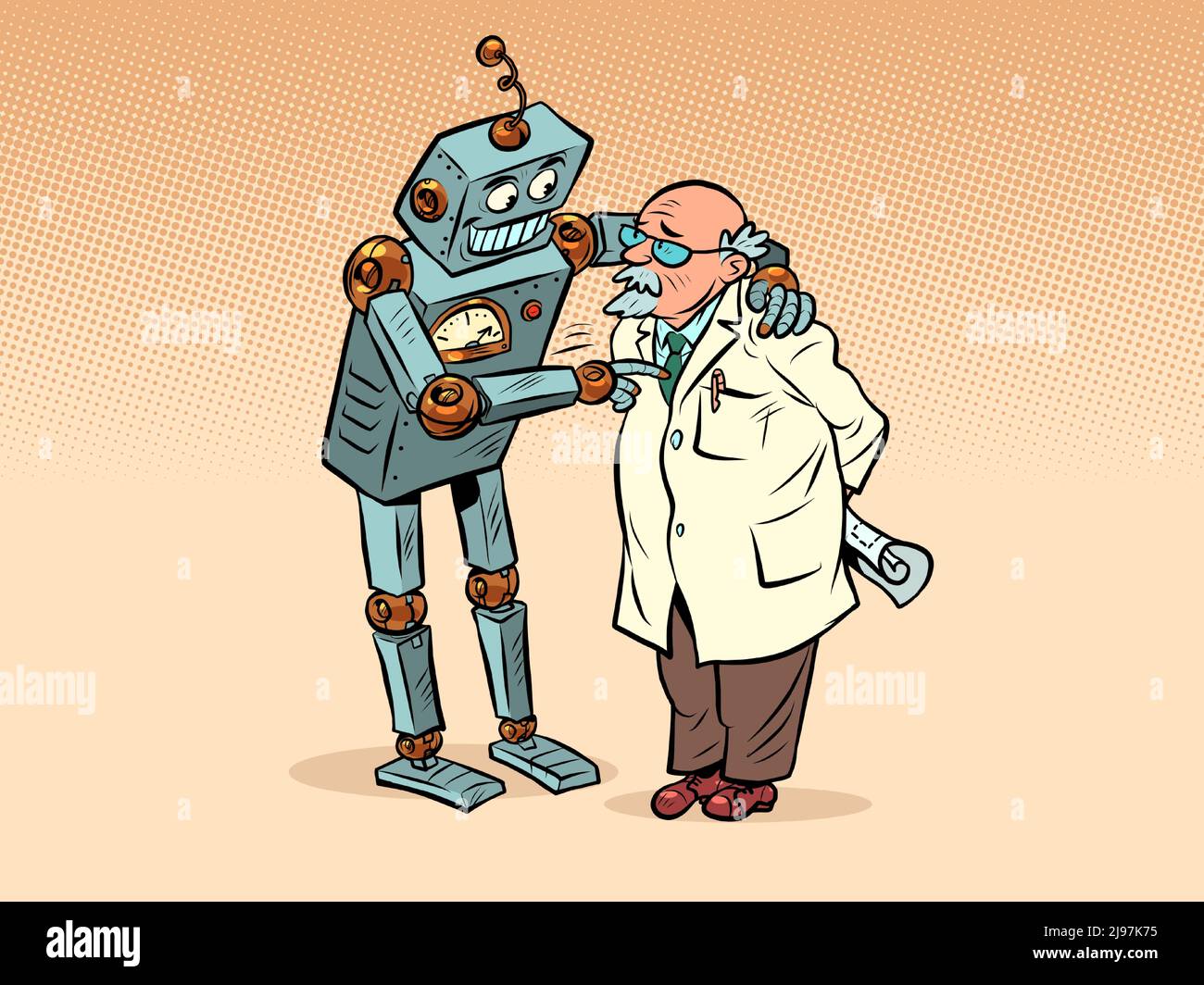 Der Roboter spricht mit dem Professor, der künstlichen Intelligenz und dem menschlichen Geist. Zwei Freunde Stock Vektor