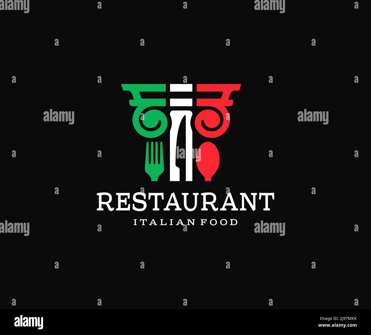 Serviert im italienischen Restaurant-Logo-Design. Gabel und Messer und uraltes Säulenvektor-Design. Essen in einem Café mit italienischem Flaggenlogo Stock Vektor