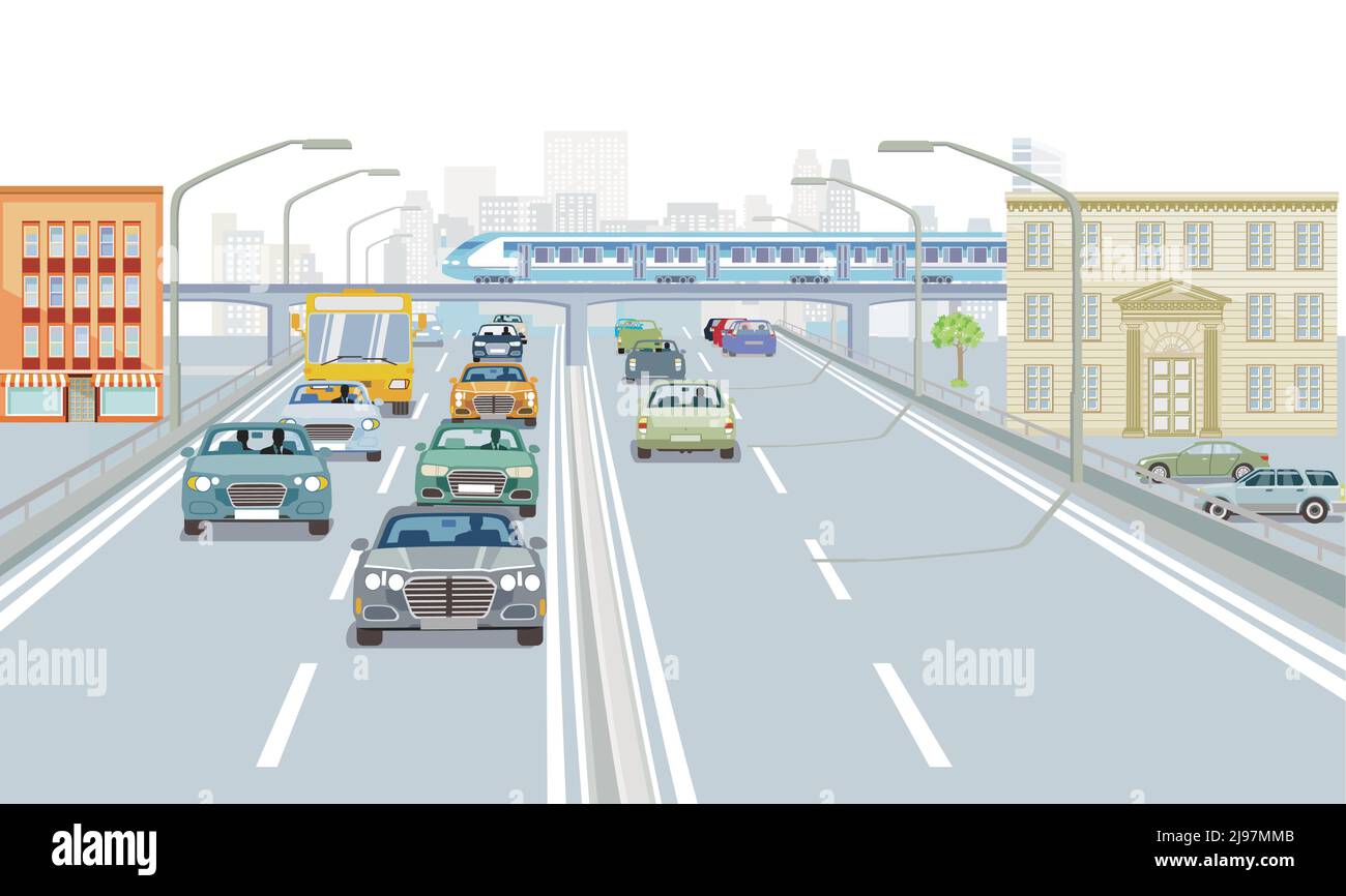 Große Stadt mit öffentlichen Verkehrsmitteln und Zug Illustration Stock Vektor