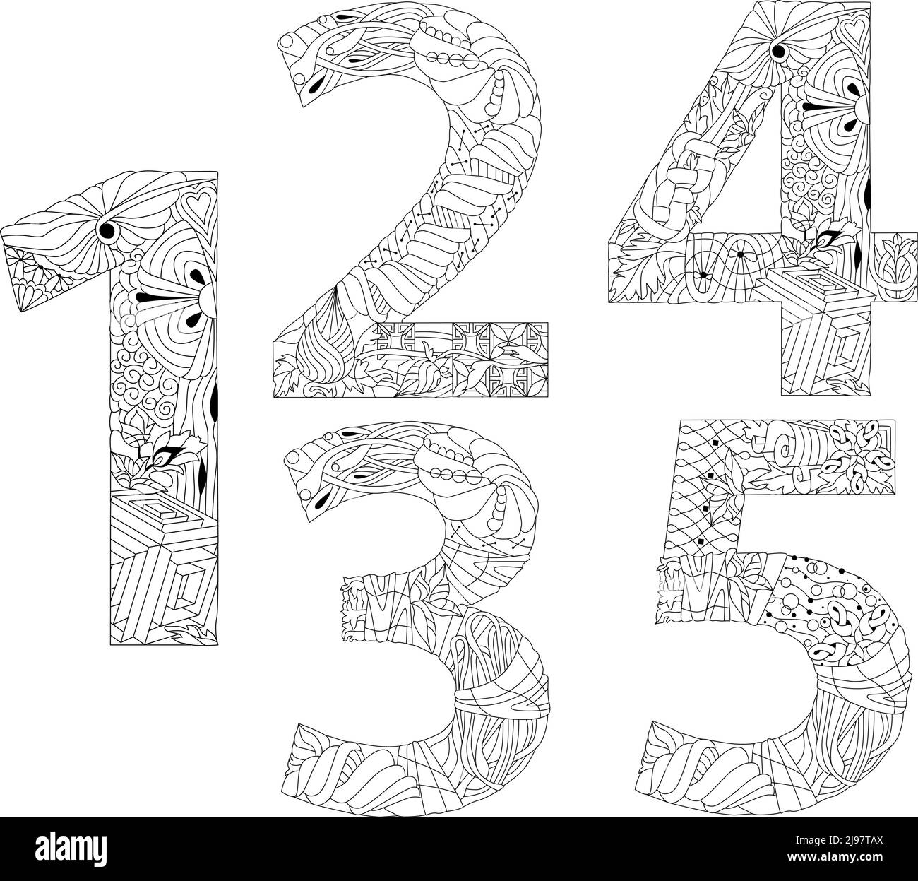 Handgemaltes Kunstdesign. Handgezeichnete Illustration zur Dekoration. Die Nummer eins, zwei, drei, vier, fünf zentangle-Objekte zum Färben. Stock Vektor