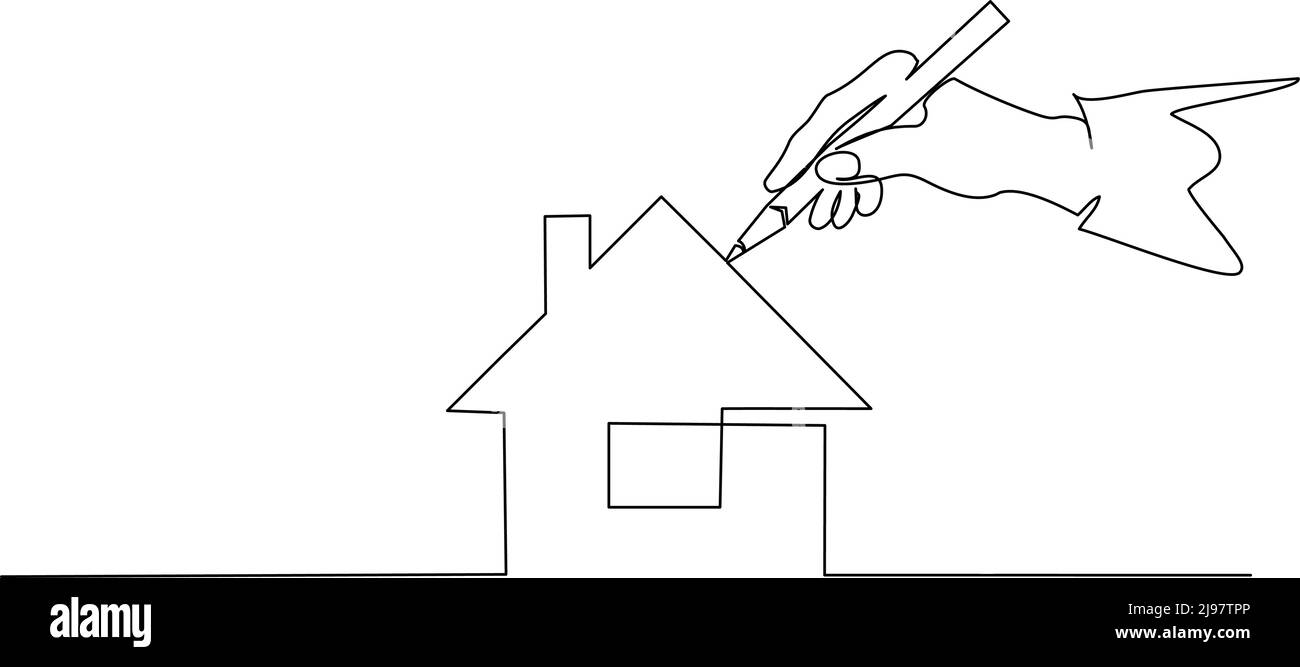 Hand von Menschen Malerei Haus mit Pinsel. Fortlaufende einzeilige Zeichnung. Vektordarstellung auf weißem Hintergrund isoliert Stock Vektor