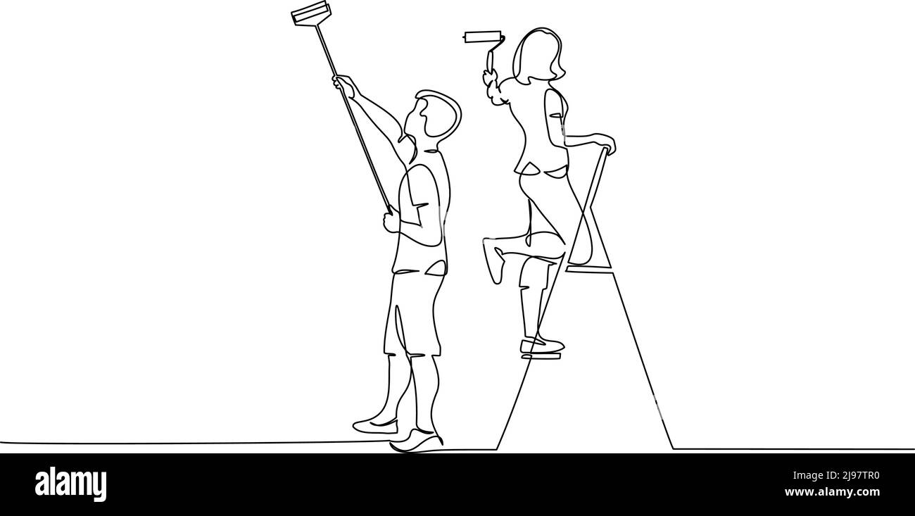 Ehepaar, Mann und Frau, malen die Wand mit einem Rollstab. Fortlaufende einzeilige Zeichnung. Vektordarstellung auf weißem Hintergrund isoliert Stock Vektor