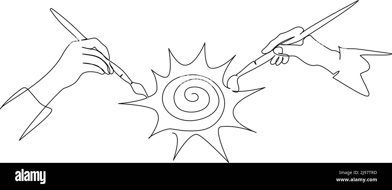 Zwei Hände von Menschen malen Sonne mit Pinsel. Fortlaufende einzeilige Zeichnung. Vektordarstellung auf weißem Hintergrund isoliert Stock Vektor