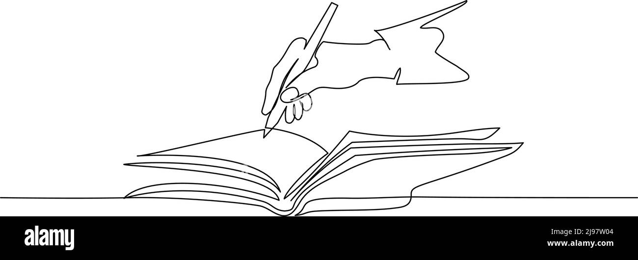 Hand halten Stift und Schreiben im Buch. Fortlaufende einzeilige Zeichnung. Vektordarstellung auf weißem Hintergrund isoliert Stock Vektor