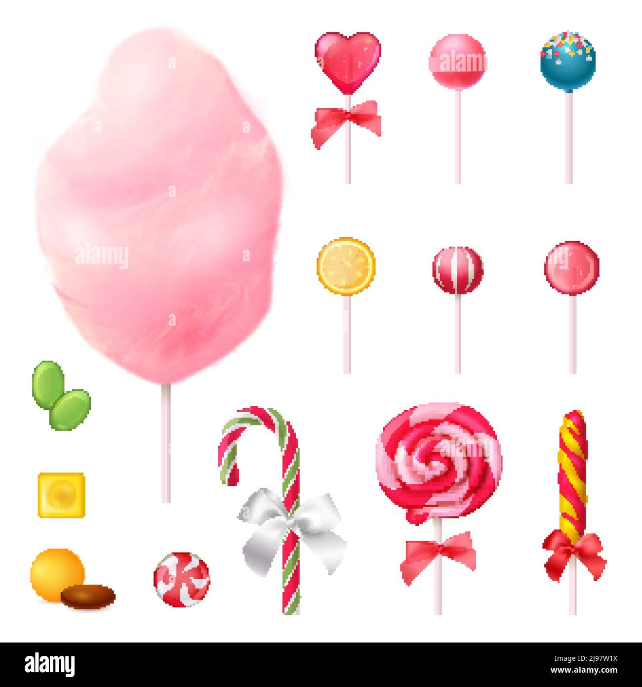 Süßigkeiten Set von realistischen Icons mit dekorierten Lutscher, Zuckerwatte auf Stick, bunte Karamellen isoliert Vektor-Illustration Stock Vektor