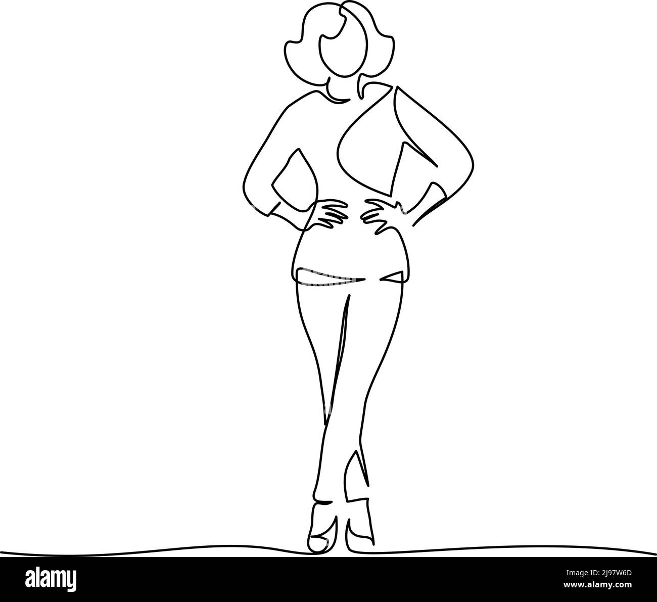 Schlankes Mädchen, das in Hosen steht. Fortlaufende einzeilige Zeichnung. Vektorgrafik Stock Vektor