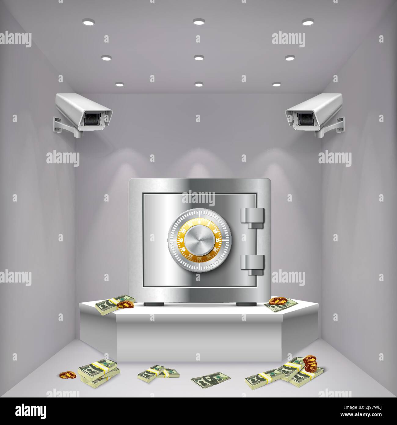 Zimmer mit Metallbank Tresor Überwachungskameras und Geld realistisch Vektordarstellung im Hintergrund Stock Vektor