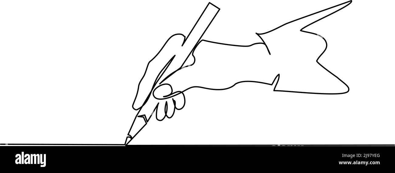 Hand hält Stift, Bleistift und Zeichnung. Fortlaufende einzeilige Zeichnung. Vektordarstellung auf weißem Hintergrund isoliert Stock Vektor