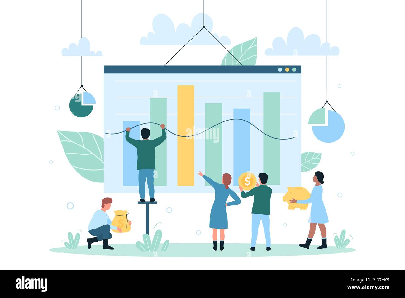 Die Arbeit der Mitarbeiter des Unternehmens im Team für das Unternehmenswachstum und den Finanztrend. Cartoon-Führer hält wachsenden Chart, kleine Menschen mit Geldbeutel und Sparschwein flache Vektor-Illustration. Unternehmenskonzept Stock Vektor