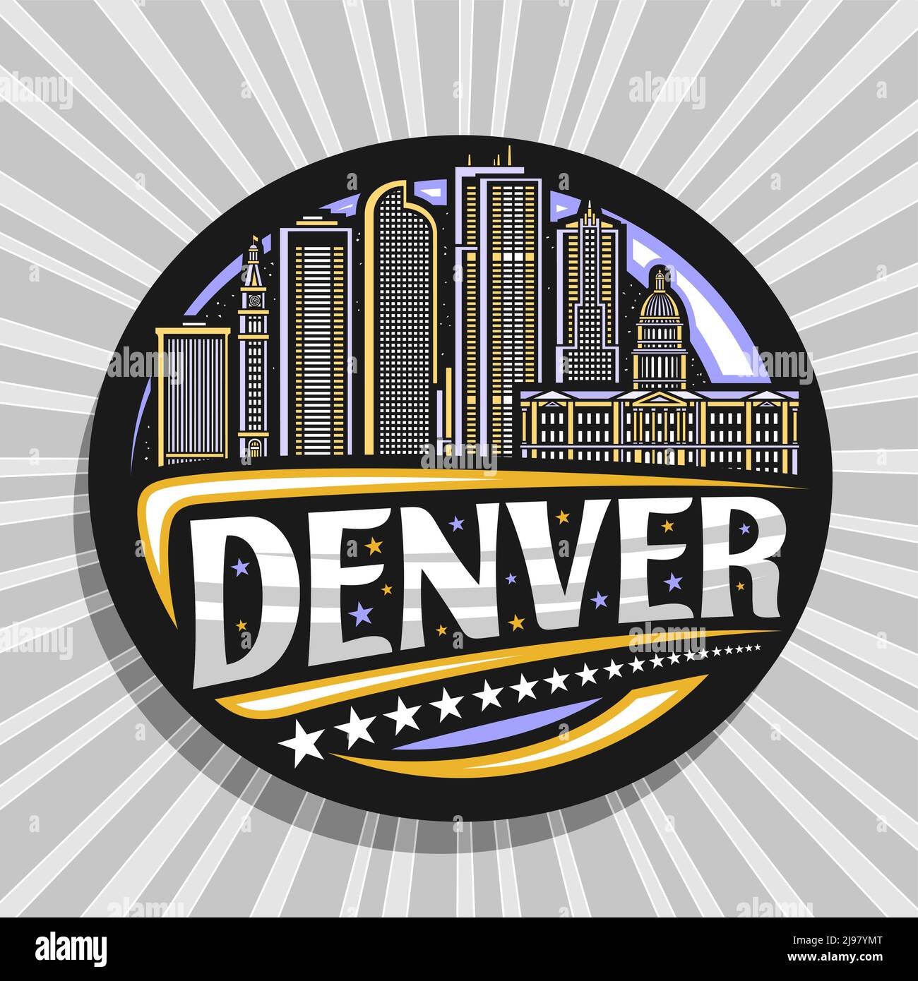 Vektor-Logo für Denver, schwarzes Dekorations-Label mit Liniendarstellung der amerikanischen denver Stadtlandschaft auf Abendhimmel Hintergrund, Kunstdesign Kühlschrank ma Stock Vektor